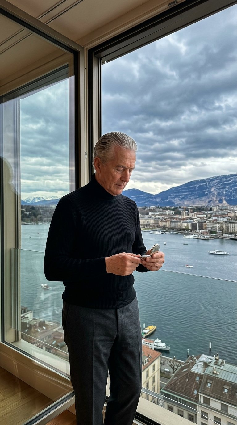 Edmond Favre at a window over Lake Geneva, examining a pocket watch